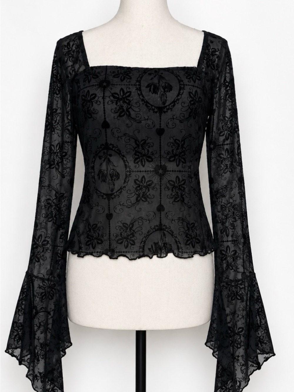 Whimsigoth Bell Sleeve Burn out Overlay Black Top Witchy Goth Grunge Crop Top XL